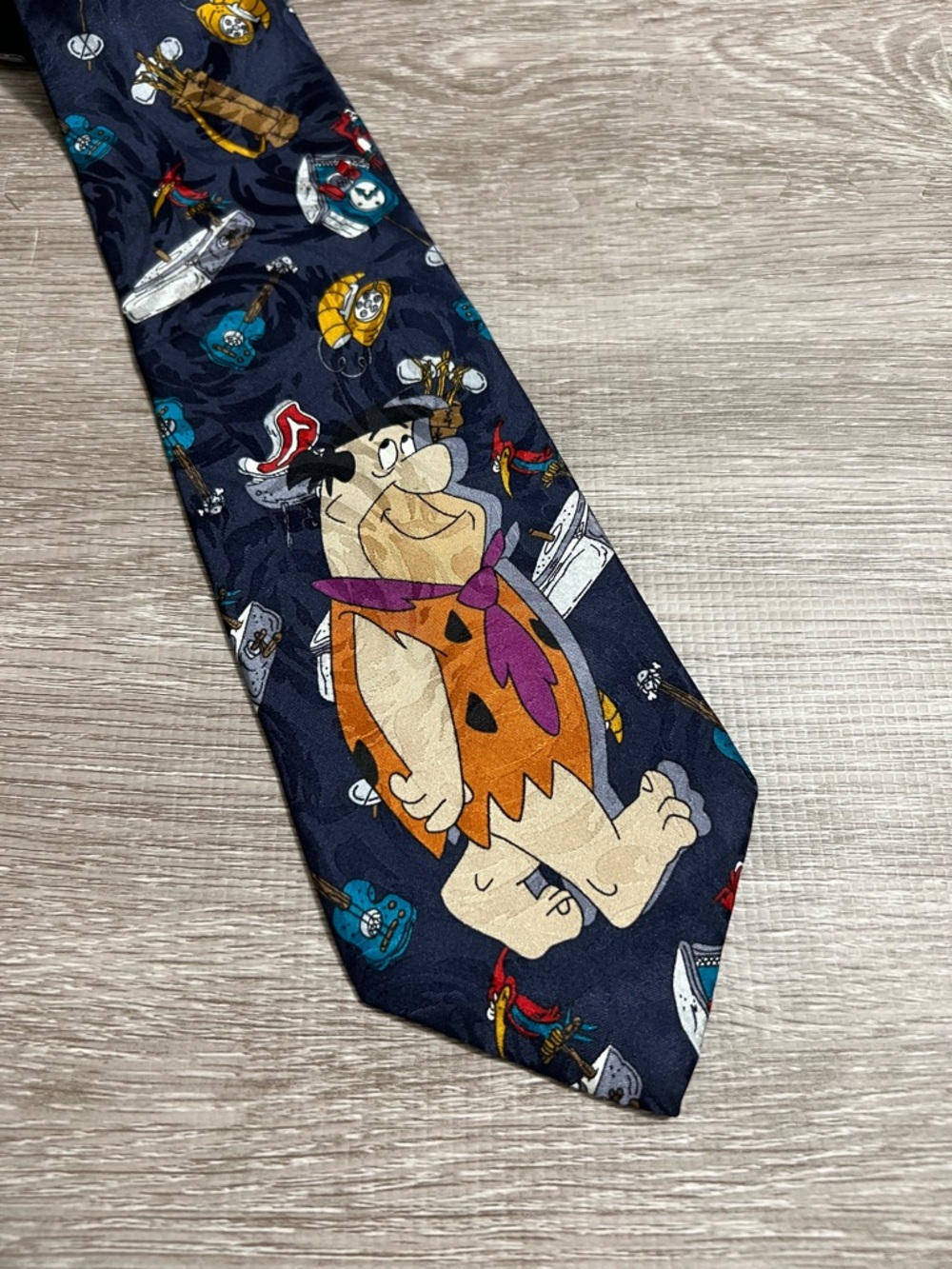 Vintage Hanna Barbera Flintstones Character Silk Tie - Navy